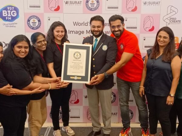 Another world record attempt in Surat: World’s largest mosaic image of 200 sq mt made using 18,400 sanitary pads